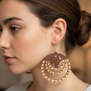 Round wooden dangle earrings, round wooden earrings. 2.7 Inches